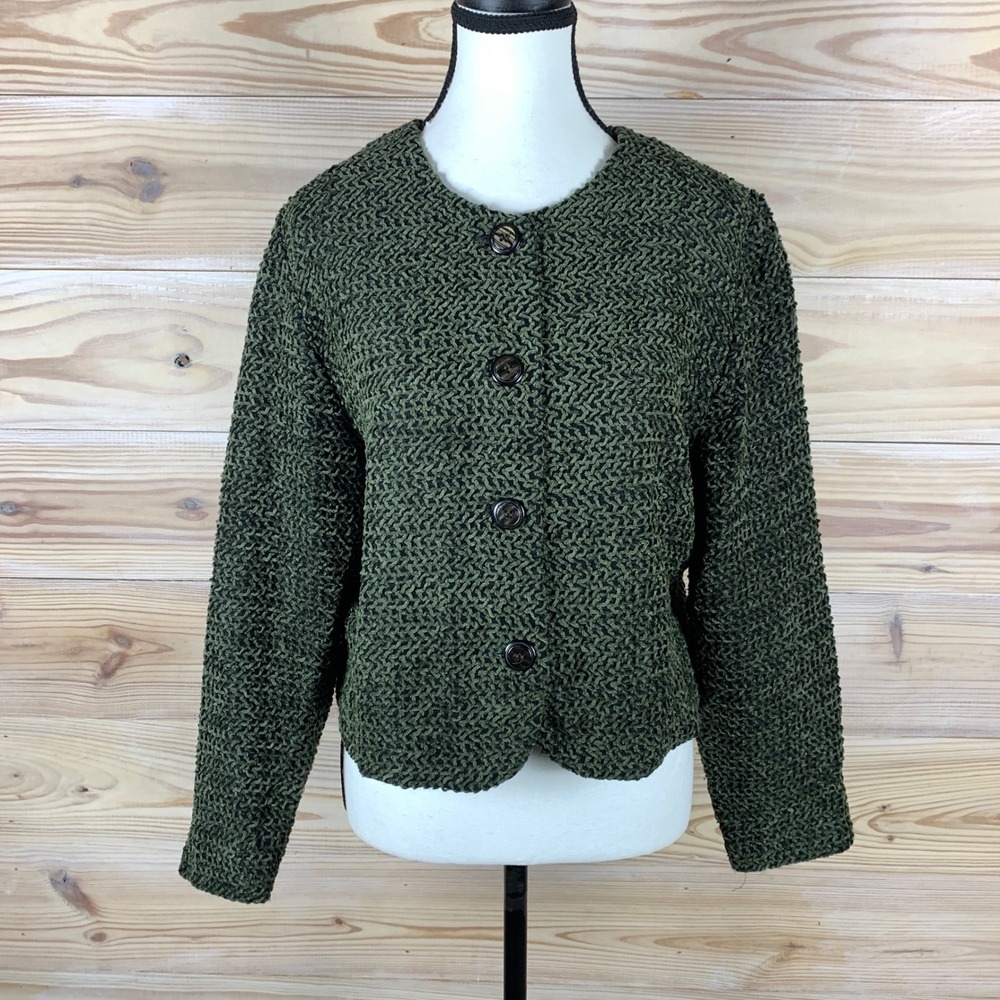 First Option Jacket Vtg Womens Medium Green Textured Knit Crop Cardigan Sweater